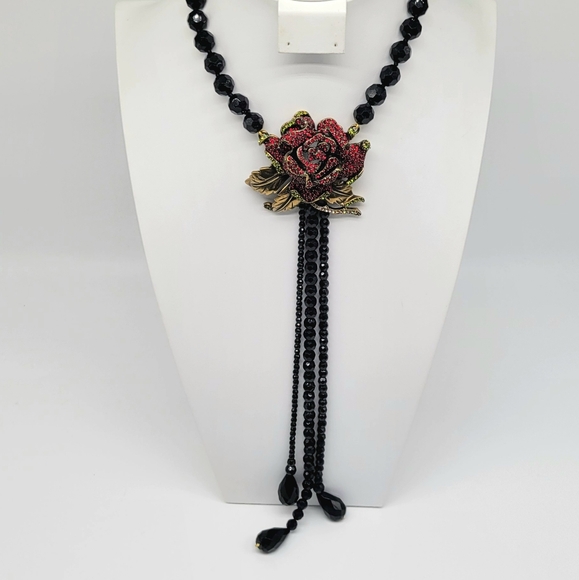 Heidi Daus Garnet Swarovski Crystal Red Rose Statement Lariat with LONG tassels - Picture 6 of 15